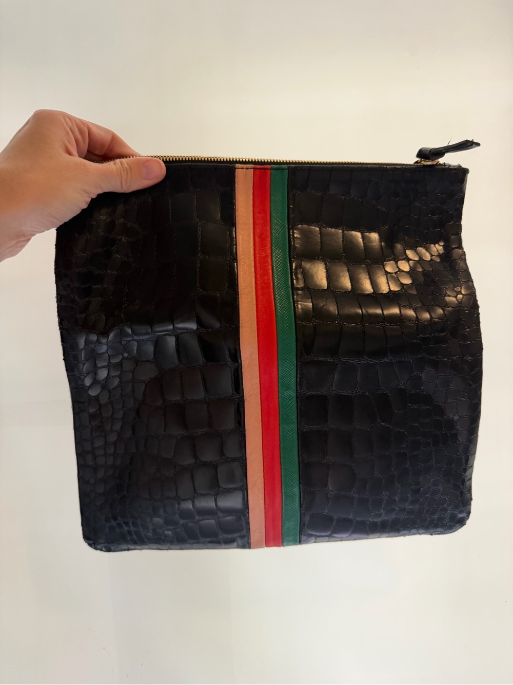 Black Croc Foldover Clutch with Green and Red Center Stripe - Picture 2 of 6